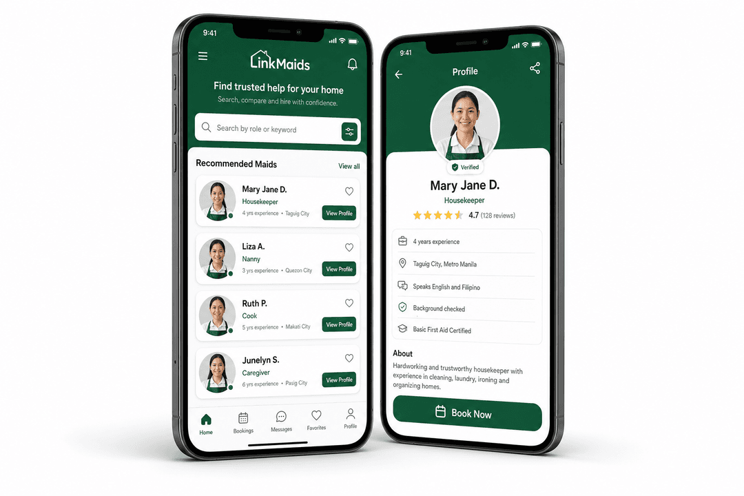 LinkMaids mobile app shown on two smartphones